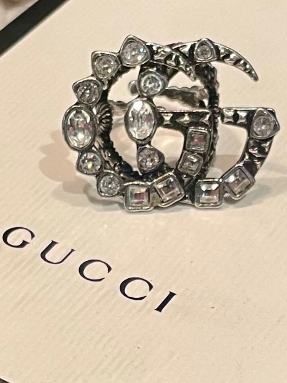 GUCCI~Crystal Aged Silver, Crystal “GG” Ring